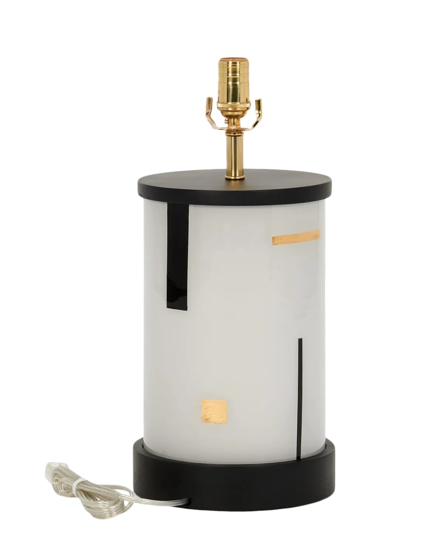 Liz Marsh Designs Paris Now Table Lamp: This listing is for an elegant eglomise lamp in soft gray with black and gold leaf in a minimally chic design. The wood turned base and cap are black and this shorter blown glass piece comes with a