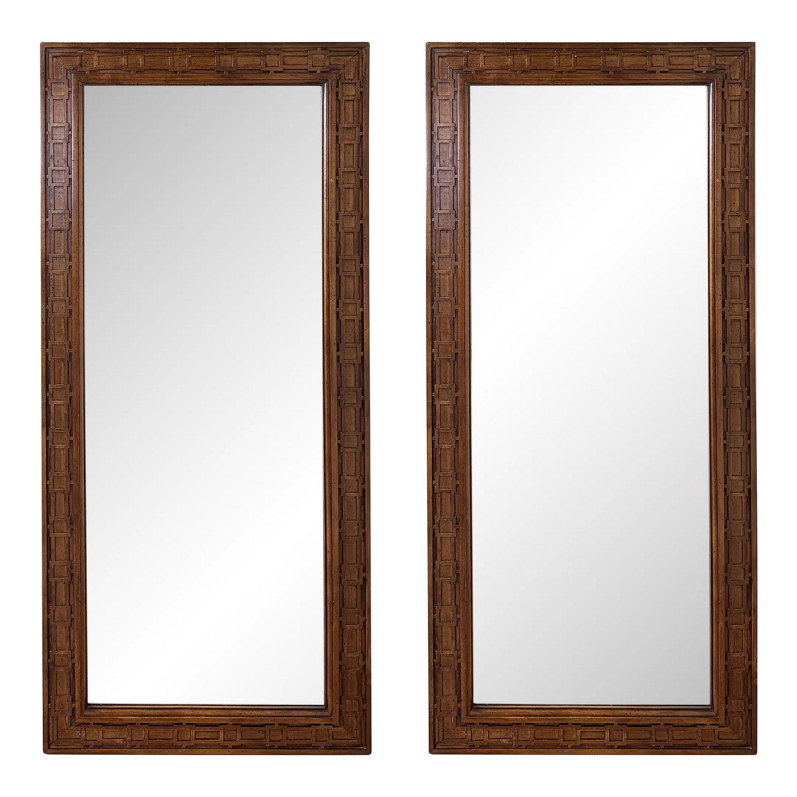 Vintage MCM Carved Wood Mirrors, a Pair: Large matching vintage carved wood mirrors in mid century modern style. Rich natural wood tones to frames that feature geometric pattern. Made by Century Furniture. Age wear. No cracks or scratches
