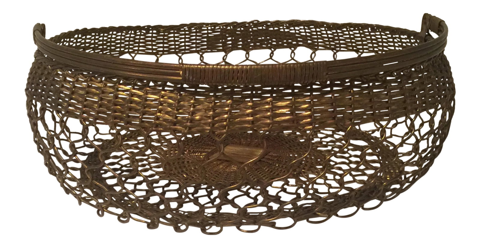 Brass Basket - Rare French Brass Filigree Basket With Handle: A rare vintage French 1940's bras,s hand woven, extra large round handled metal market/egg basket - a unique piece to add to your collection that would also be stunning as a wall accent. It's believed