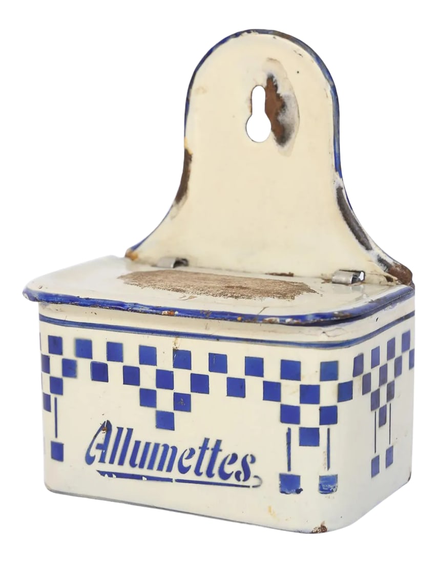 French Enamel Match Holder and Striker 2: This is an antique French enamel match holder and striker made in the early 1900s. This piece can be wall-mounted or sit alone on a counter or tabletop. The lid has a strike patch on the top for