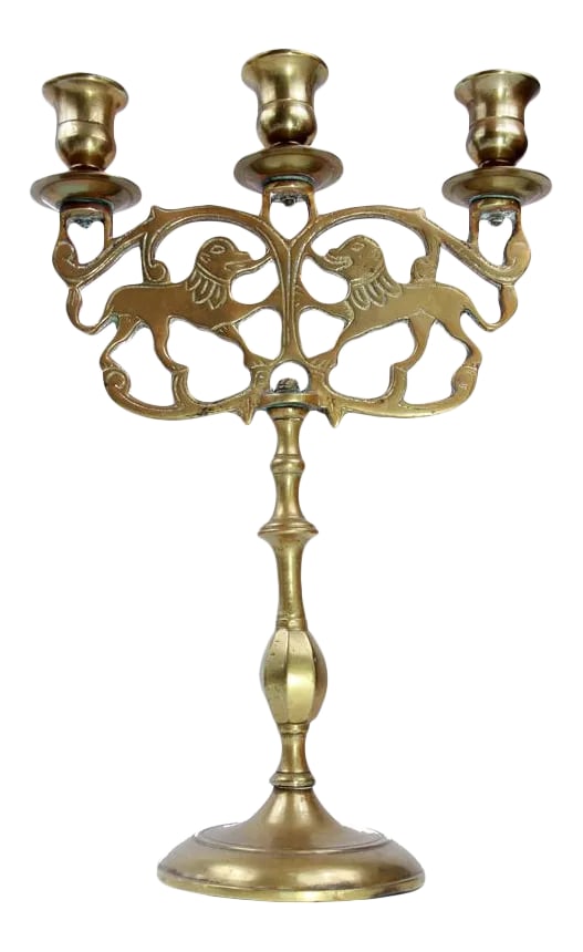 Late 19th Century Antique Brass Lions of Judea 3 Cup Sabbath Candelabra: Add a beautiful touch of decorative brass to your decor with this antique Sabbath candelabra dating from the late 1800s. This fine piece was made from a quality mellow brass that has attained a