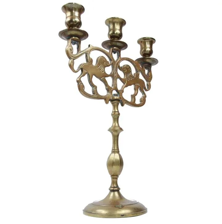 Late 19th Century Antique Brass Lions of Judea 3 Cup Sabbath Candelabra - 2