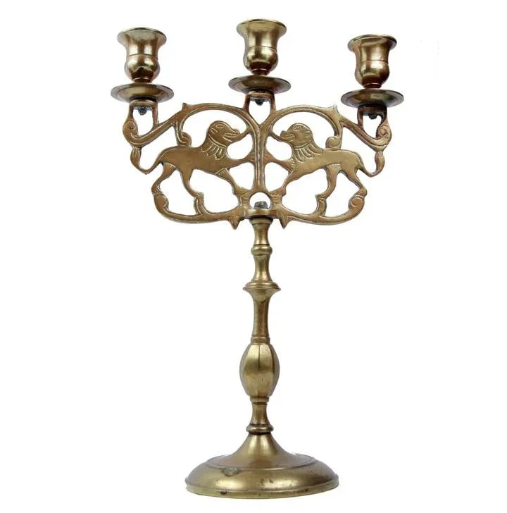 Late 19th Century Antique Brass Lions of Judea 3 Cup Sabbath Candelabra - 3