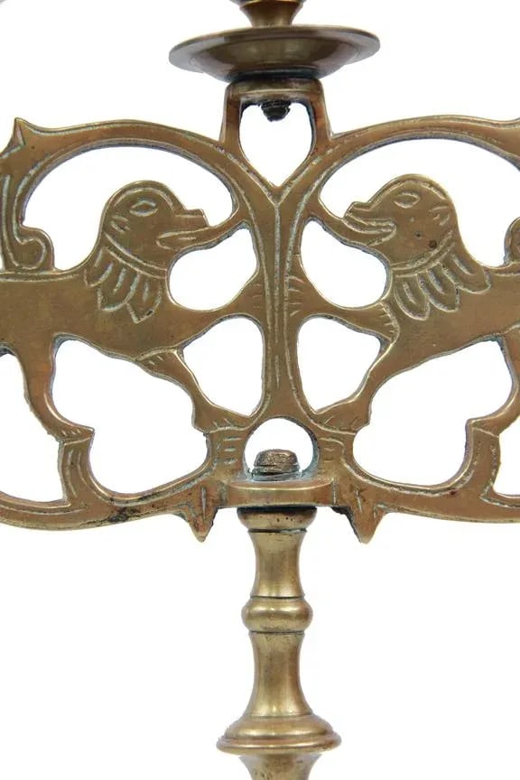 Late 19th Century Antique Brass Lions of Judea 3 Cup Sabbath Candelabra - 4