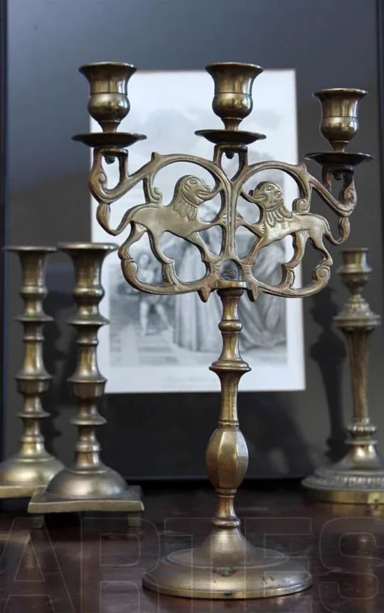 Late 19th Century Antique Brass Lions of Judea 3 Cup Sabbath Candelabra - 8