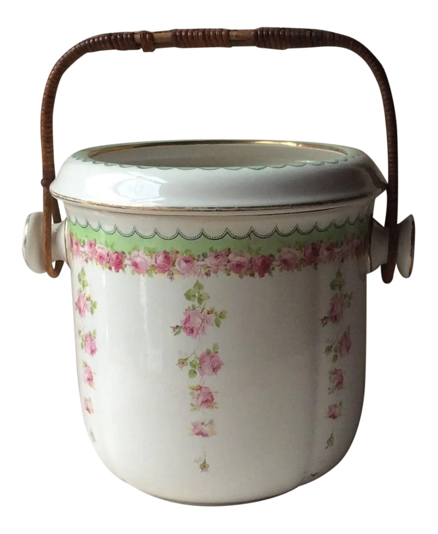 Royal Doulton Edwardian Rose Garland Jardinere / Ice Bucket: For your consideration... an antique Royal Doulton porcelain vessel that perfectly embodies the Edwardian genius for transforming the utilitarian into the sublime. This substantial piece, originally