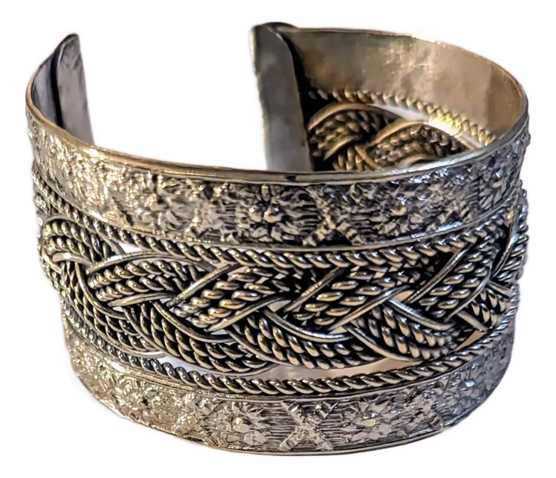 Vintage Braided Egyptian Cuff, Silver: Seller delegated shipping, arrives 4-8 days from purchase. 80's Egyptian made braided cuff bracelet. Although not marked, it appears to be Beduain silver which varies in quality. Condition: