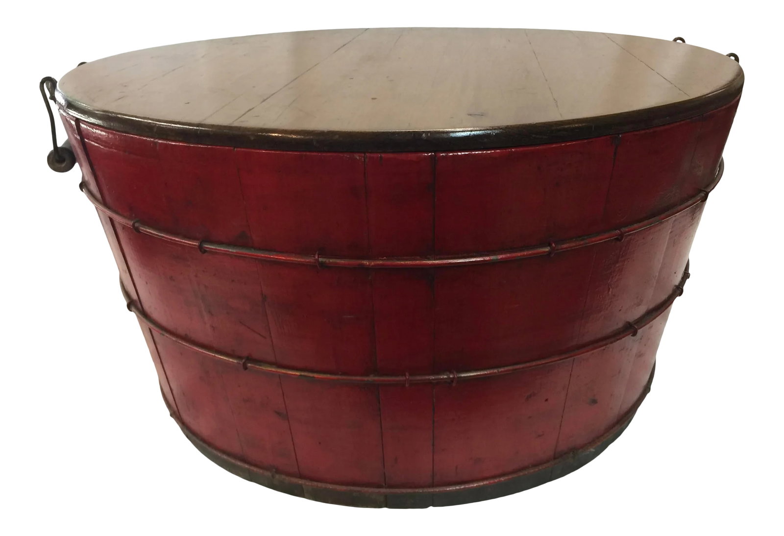 Antique Barrel Storage Box: Amazing antique storage box, made from a barrel it also has a wood top. Great for storage of many items. Wonderful red color. Circa 1920. The barrel is 24" wide x 13" tall. Removable Lid. Condition: A