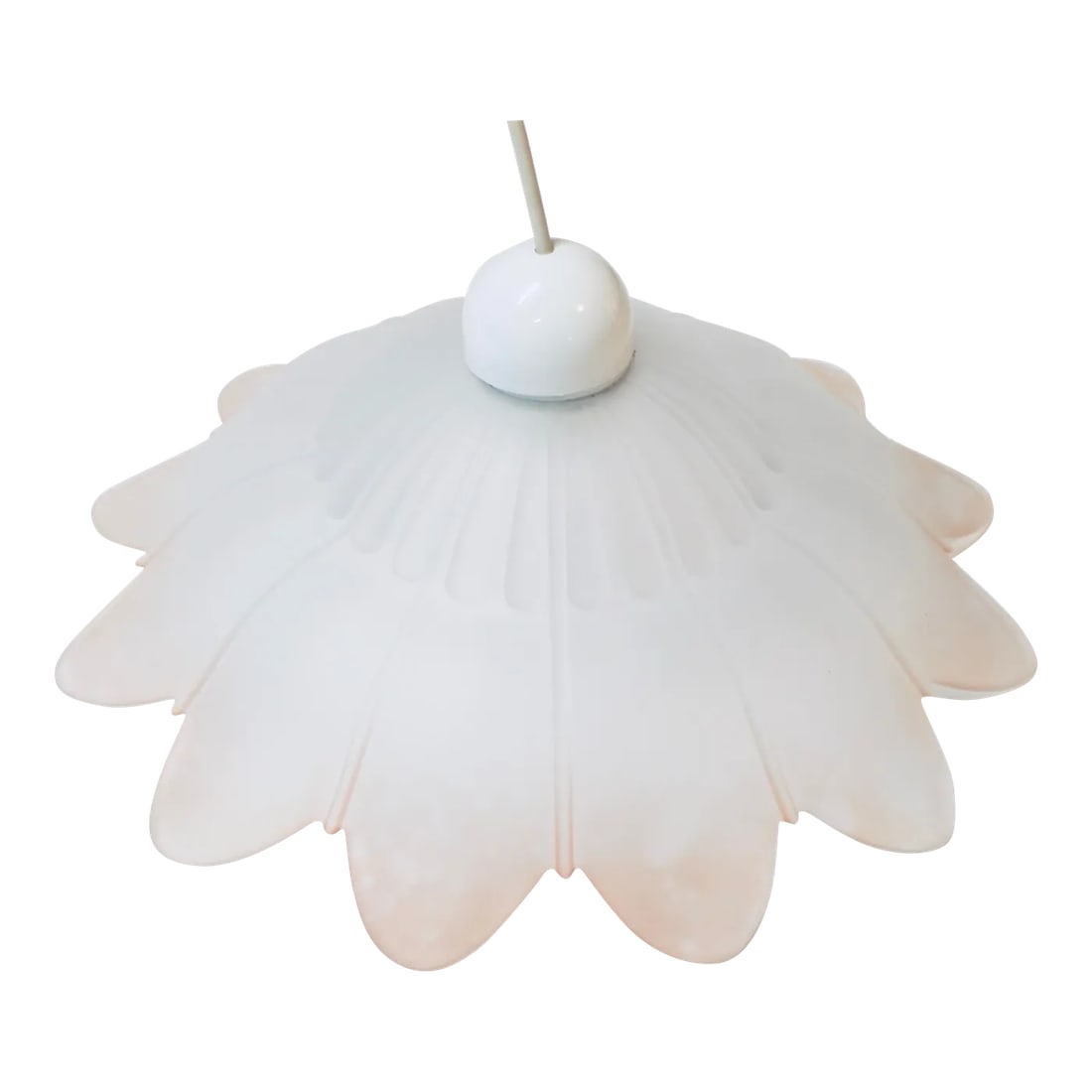 Pink and White Glass Flower Pendant Light | Kromer Leuchten: White glass flower light shade with light pink shading on the edges by Kromer Leuchten. Dimensions: 10-inch H x 14.5-inch W--14.5-inch dia. 27-inch cord. Condition: Alterations: Original Condition