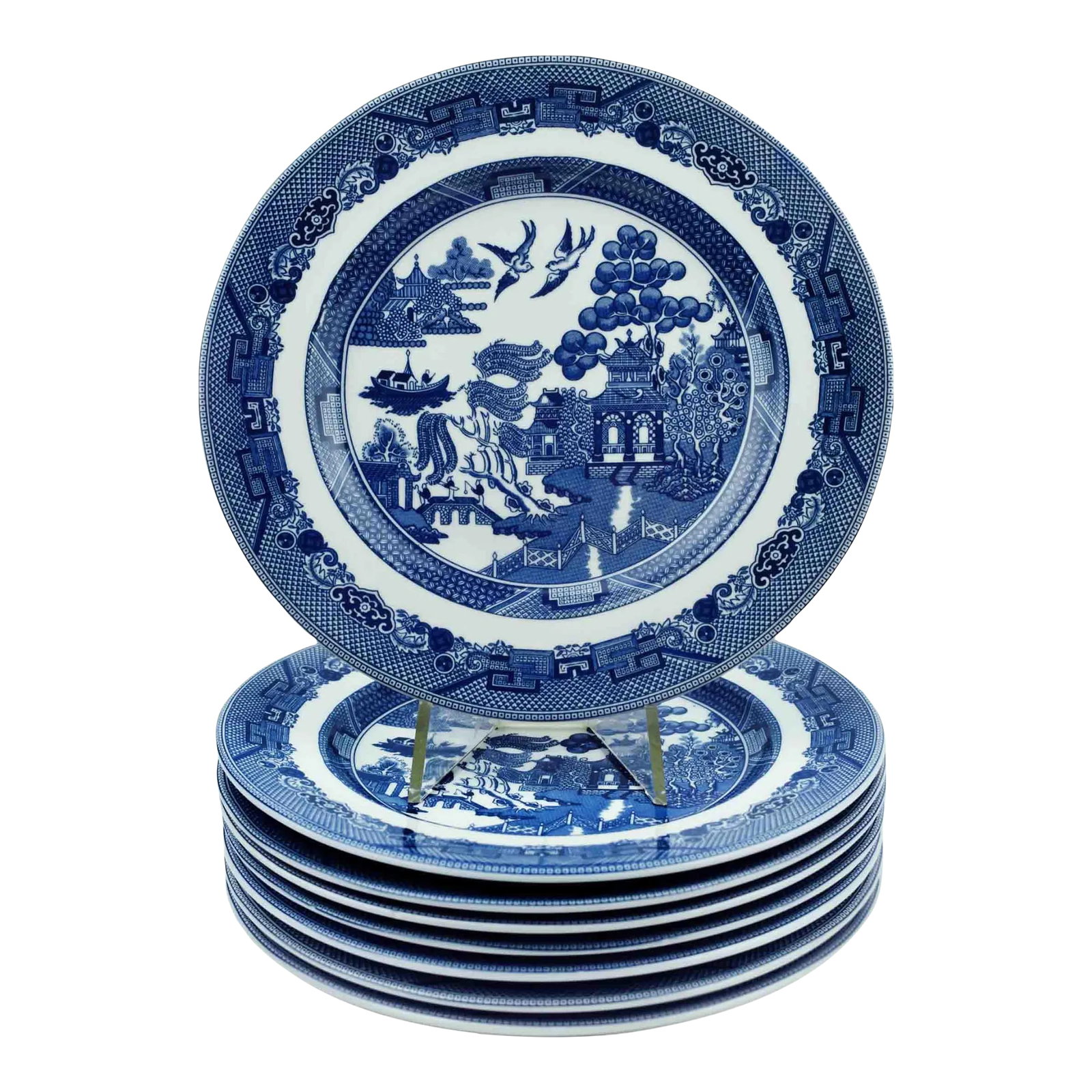 Late 20th Century Blue Willow Design Serving Salad Plates by Johnson Brothers- Set of 8: Elevate your dining experience with this exquisite set of 8 Blue Willow Design serving salad plates by Johnson Brothers. Crafted with timeless elegance, these plates feature the iconic Blue Willow pat