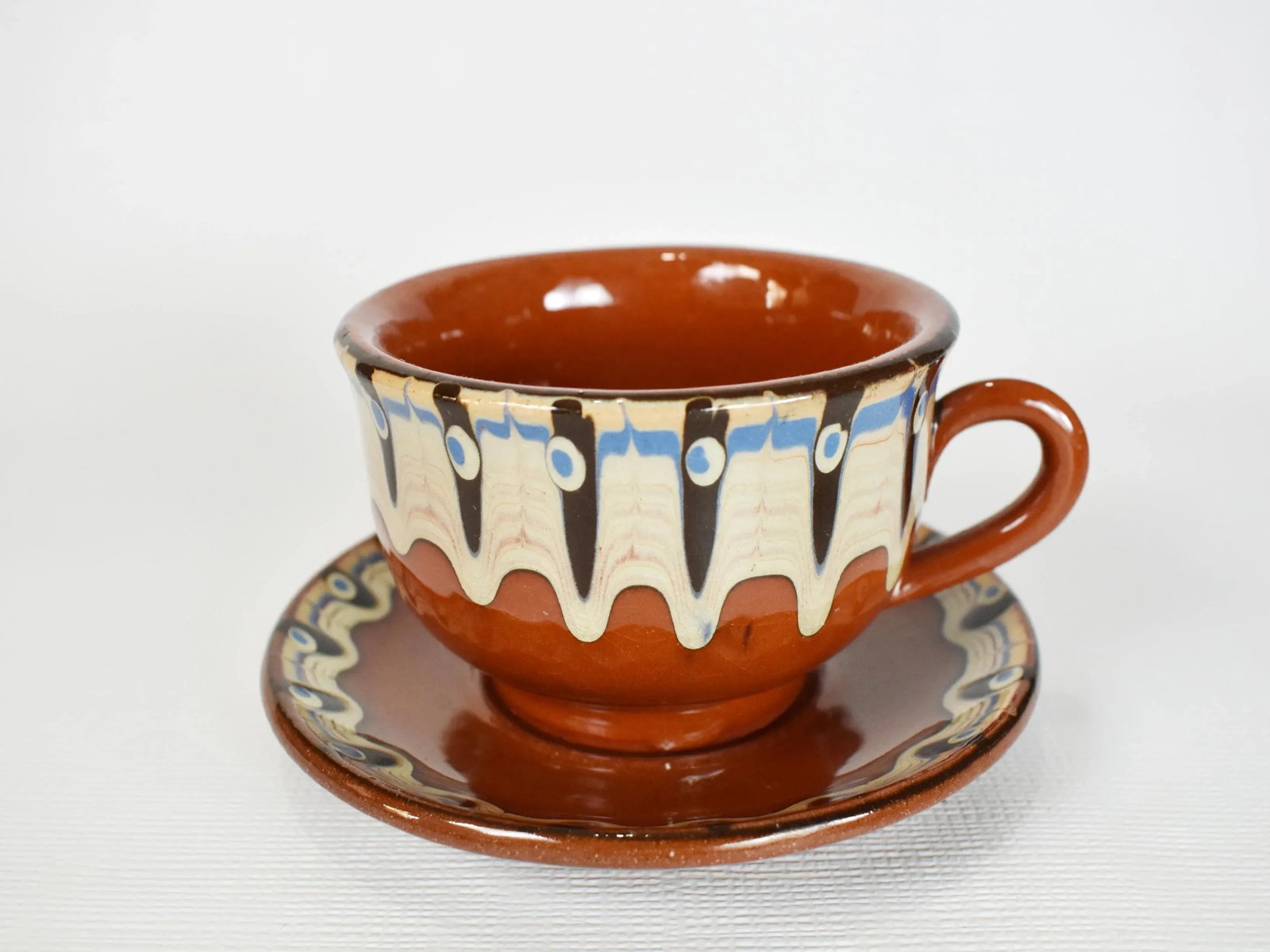 Vintage Handmade Hand Painted Soviet Bulgarian Red Clay Pottery Tea/Coffee Serving Set - 10 Pieces - 4