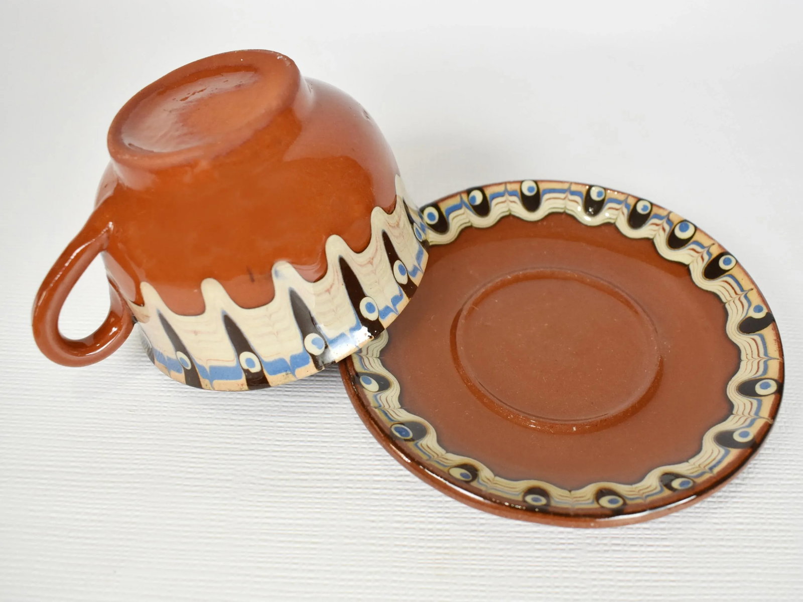 Vintage Handmade Hand Painted Soviet Bulgarian Red Clay Pottery Tea/Coffee Serving Set - 10 Pieces - 5