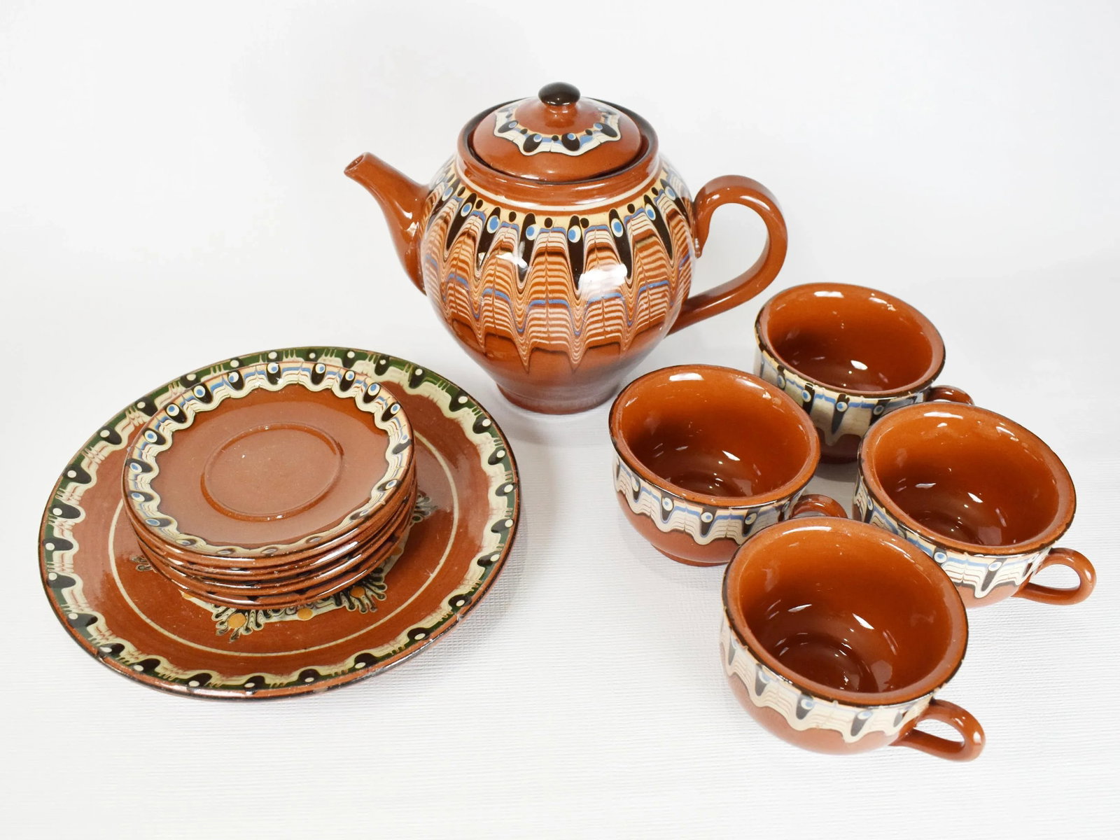 Vintage Handmade Hand Painted Soviet Bulgarian Red Clay Pottery Tea/Coffee Serving Set - 10 Pieces - 7