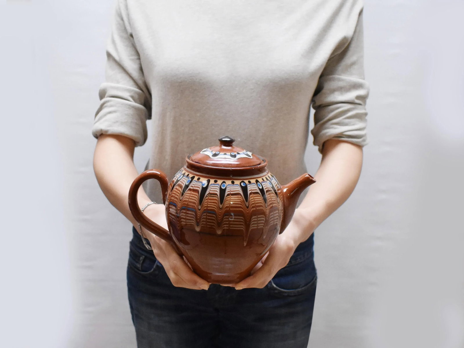 Vintage Handmade Hand Painted Soviet Bulgarian Red Clay Pottery Tea/Coffee Serving Set - 10 Pieces - 8