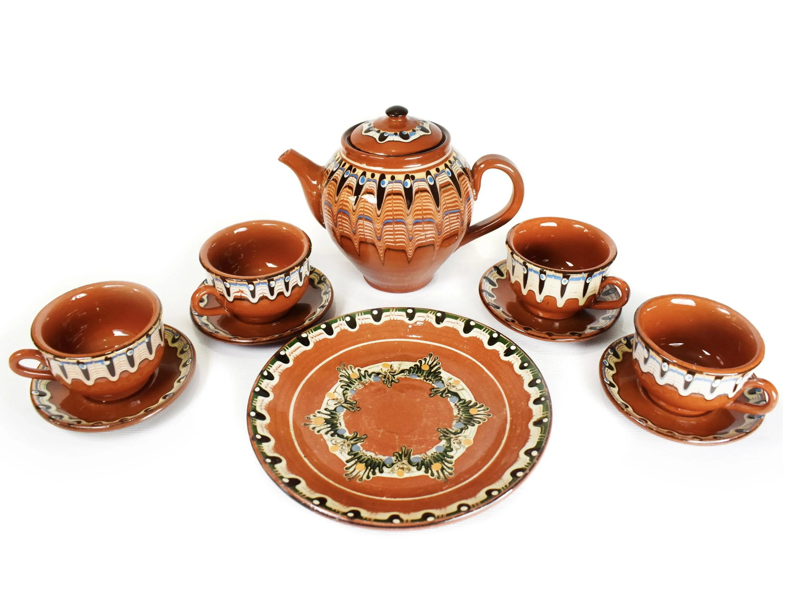 Vintage Handmade Hand Painted Soviet Bulgarian Red Clay Pottery Tea/Coffee Serving Set - 10 Pieces - 9