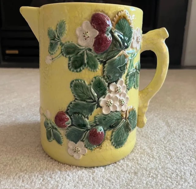 Antique Majolica Strawberry Pattern Water Pitcher - 4