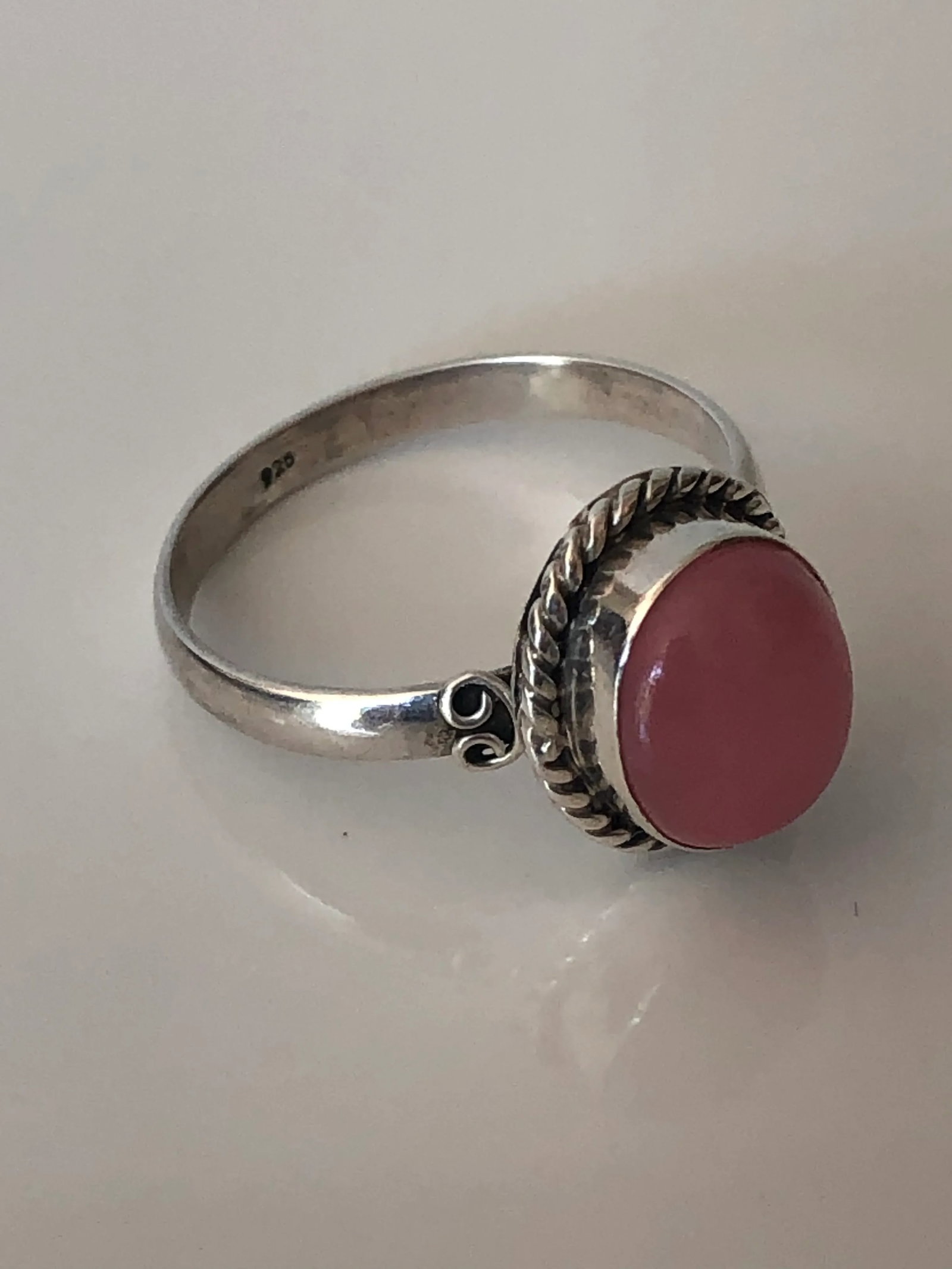 Vintage Rose Quartz Cabochon Stone and Sterling Ring (Size 9.5) - 7
