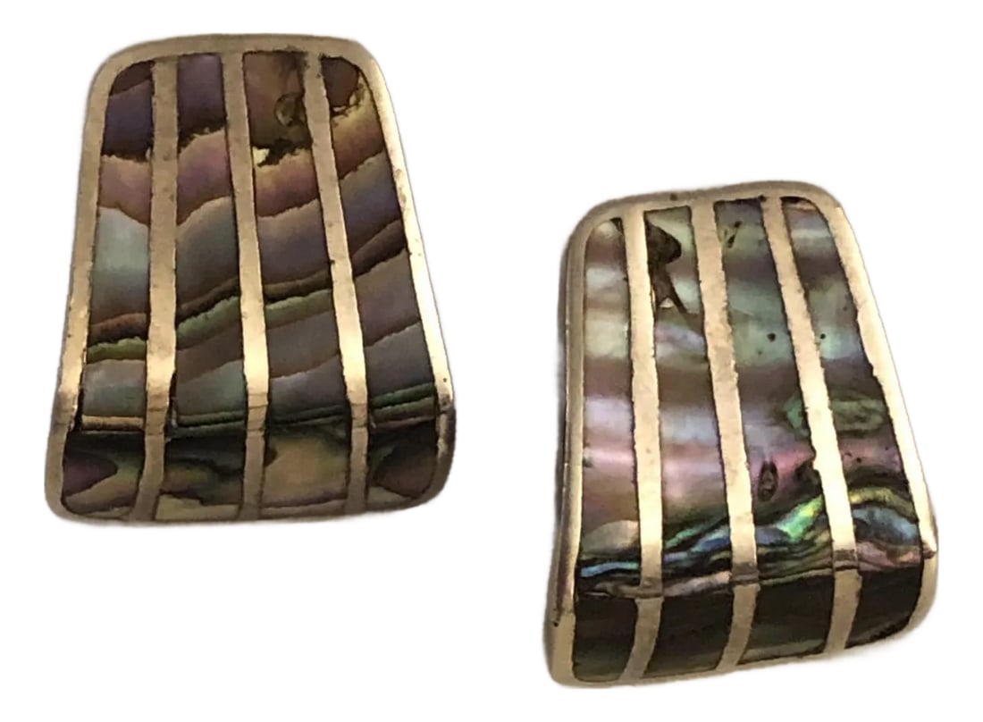 Mid 20th Century Vintage Mexican Abalone Shell Sterling Screw Back Earrings, A Pair: This lovely pair of Vintage Mexican Abalone Shell Sterling Screw Back Earrings are simply stunning the way they reflect the light, causing the vibrant colors to shimmer and shine. The unique geometric