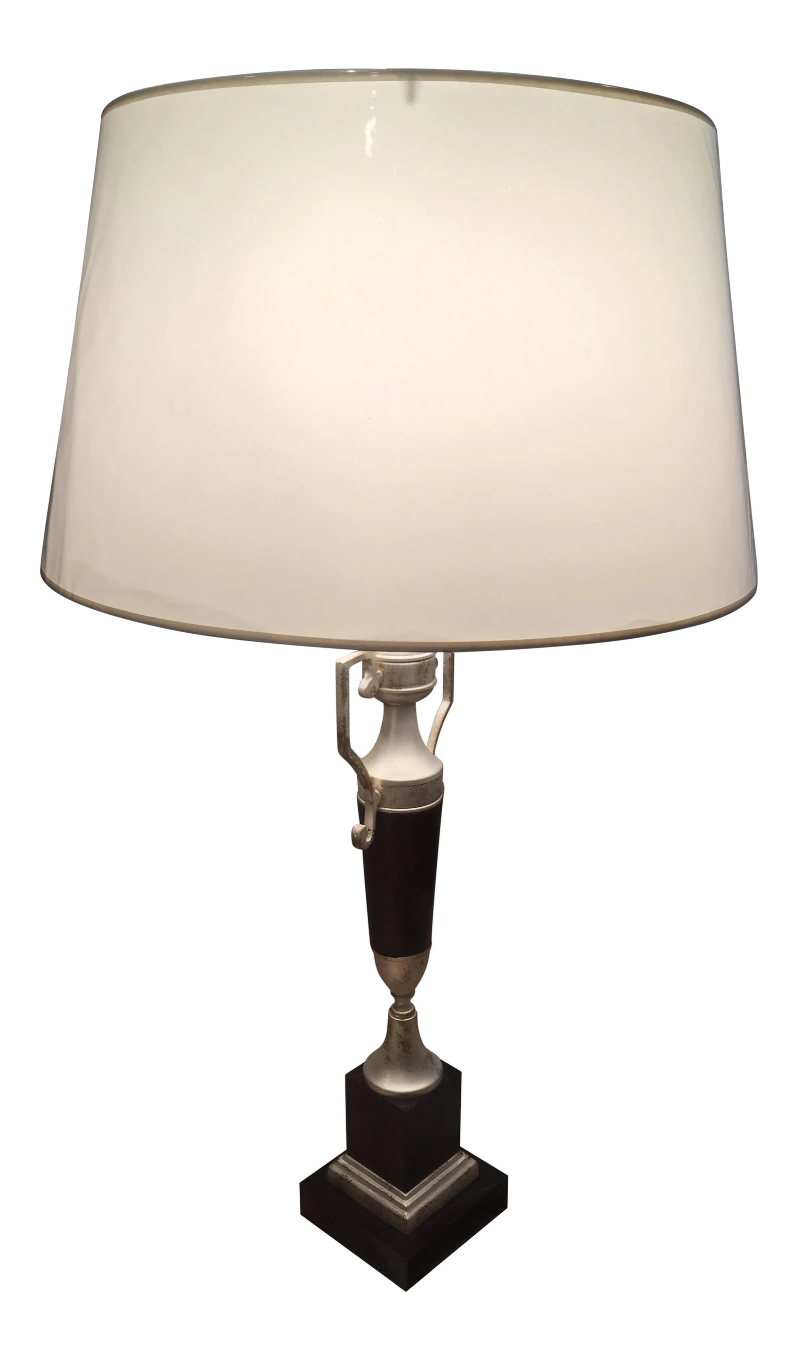 Wood & Metal Table Lamp: Lamp with urn base with dark brown wood finish and antique silver metal accents with fabric Bouillotte shade. Piece was made in Spain. Condition: Alterations: Original Condition Unaltered Imperfection