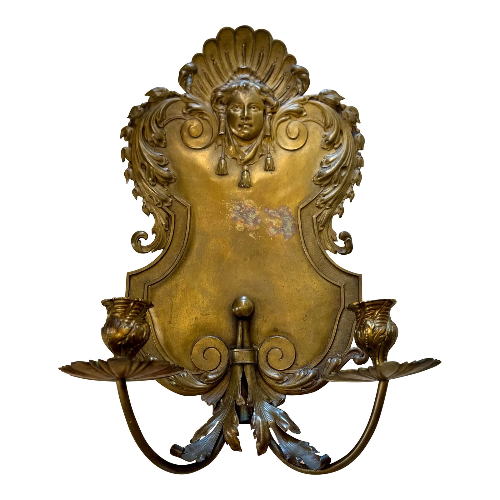 Antique Brass Candle Wall Sconce: Beautiful Antique brass wall sconce. This has two candle holders. It is large and can easily fill your space. It does have some staining consistent with brass and age. Condition: Alterations: