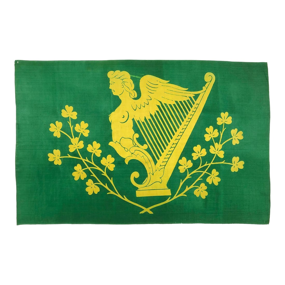 Antique Silk Parade Flag of Ireland (Erin Go Bragh): This rare antique Irish flag is made from a delicate silk cloth which may require careful handling. Design is printed in vibrant colors and visible on both sides. Please note minor pinholes or tears,