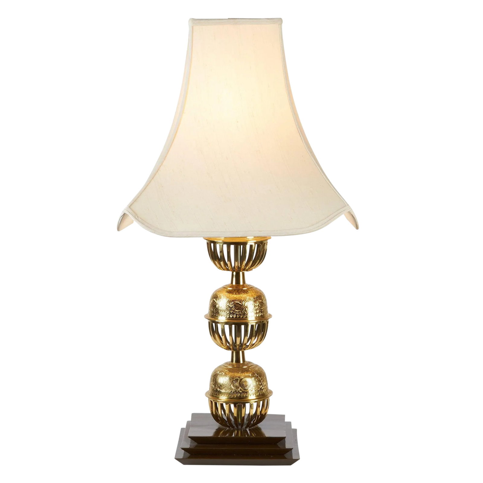 Large Brass Chinoiserie Table Lamp | Pagoda Base: Extraordinary vintage asian modern chinoiserie brass lamp consisted of three stacked, etched, pierced brass incense balls.. Painted wood base in style of pagoda. Shade included. 3-way with operates wi