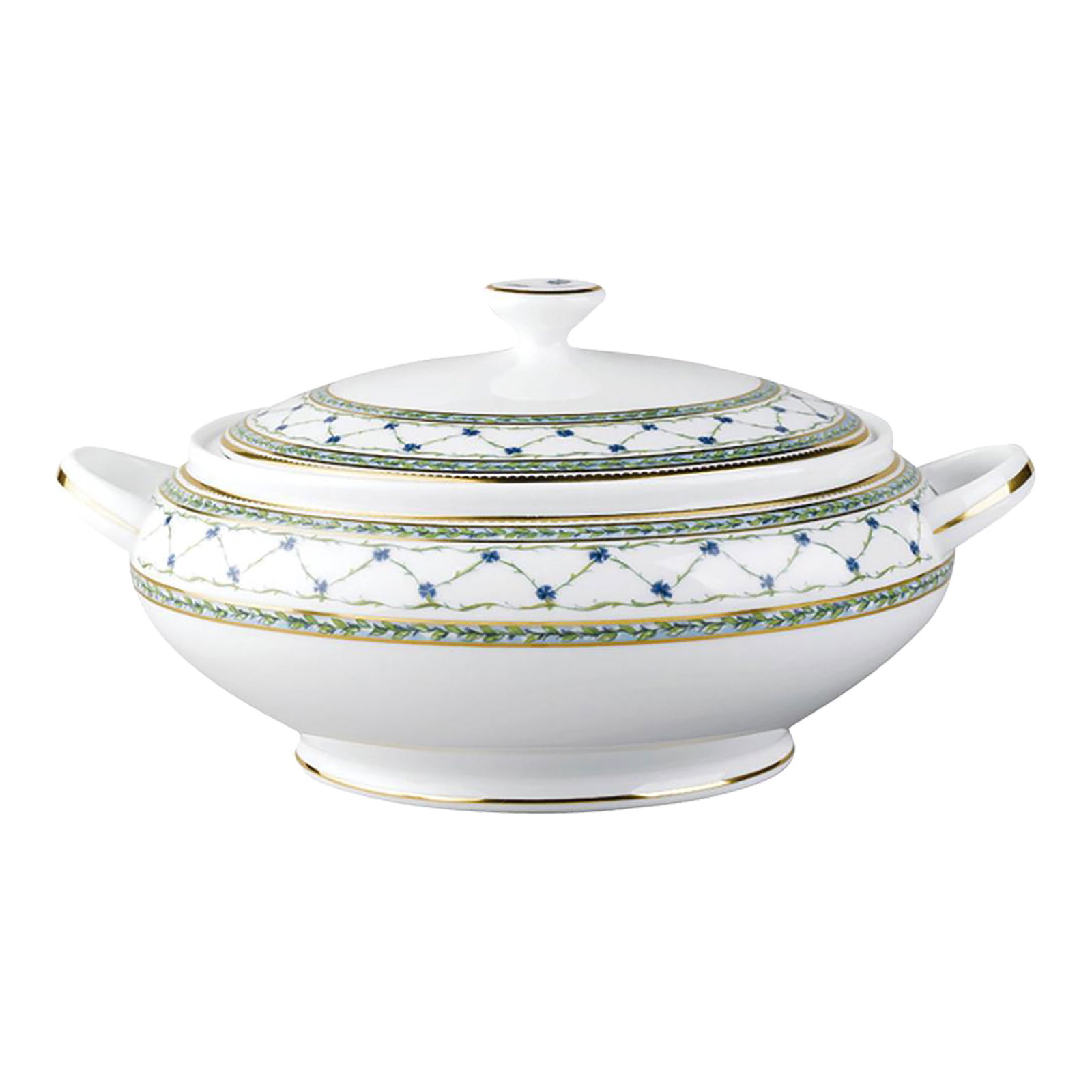 1980s Morning Glory by Raynaud Limoges Soup Tureen Art Nouveau Style: Enhance your table setting with the timeless beauty of this Raynaud Limoges Morning Glory Covered Vegetable Dish, crafted in France. This exquisite piece features delicate blue and yellow floral
