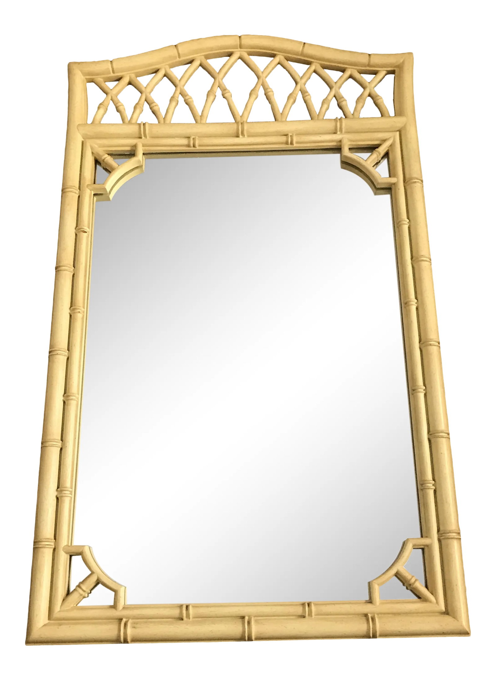 Chinoiserie Faux Bamboo Hollywood Regency Mirror Thomasville Allegro: Gorgeous Faux Bamboo mirror. Very large, 52" high, 31" wide. Leave as is in the original vintage paint finish or paint in a striking jewel tone. Would look great in a foyer above a console or the