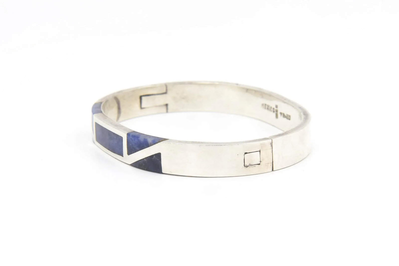 Late 20th Century Modernist Geometric Lapis Lazuli Sterling Silver Bangle Bracelet - 2