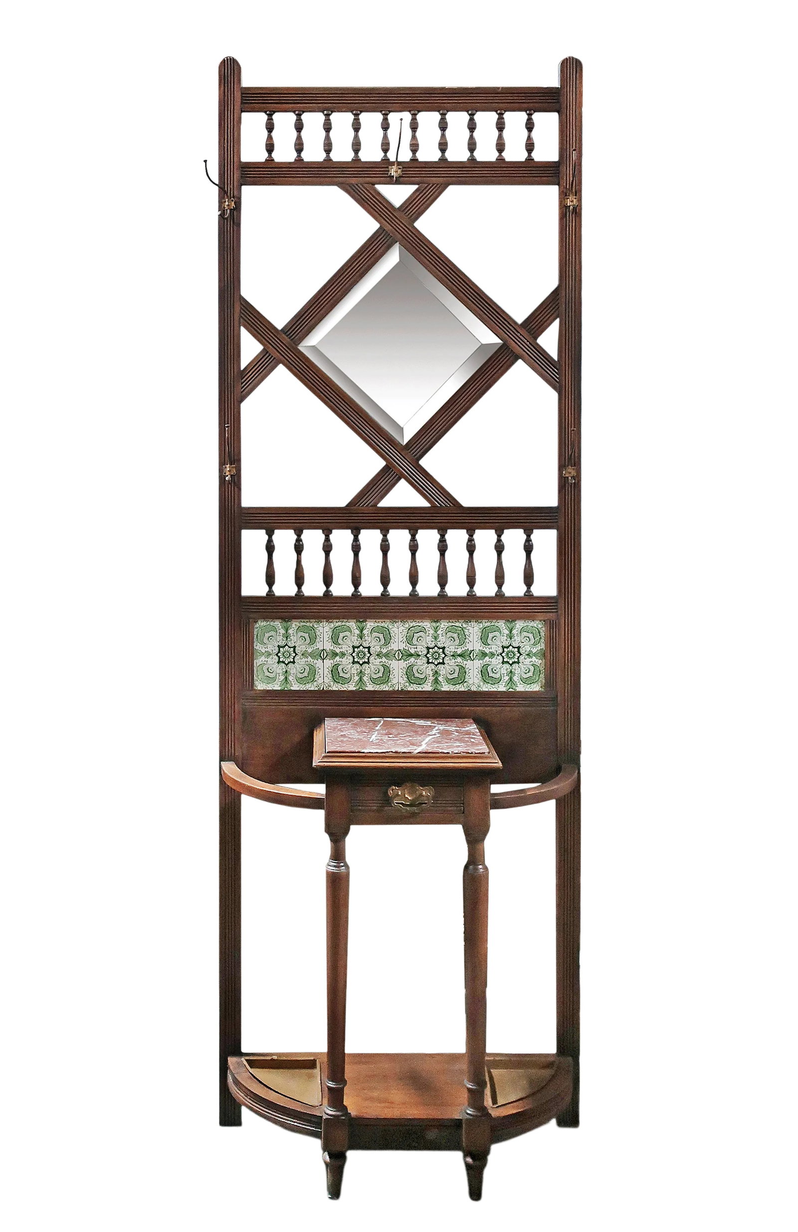 Antique Hall Stand: Antique tall hall stand. This lovely antique piece has a semi-circular frame at the front which integrates a lower shelf and a telephone table with marble top and small drawer or glove box with bail p