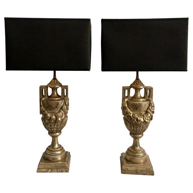 French Neoclassical Style Carved Silver Giltwood & Marble Draped Urn Lamps- A Pair - 12