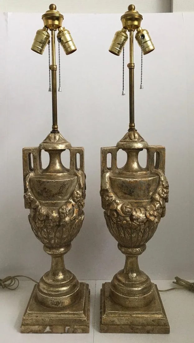 French Neoclassical Style Carved Silver Giltwood & Marble Draped Urn Lamps- A Pair - 2