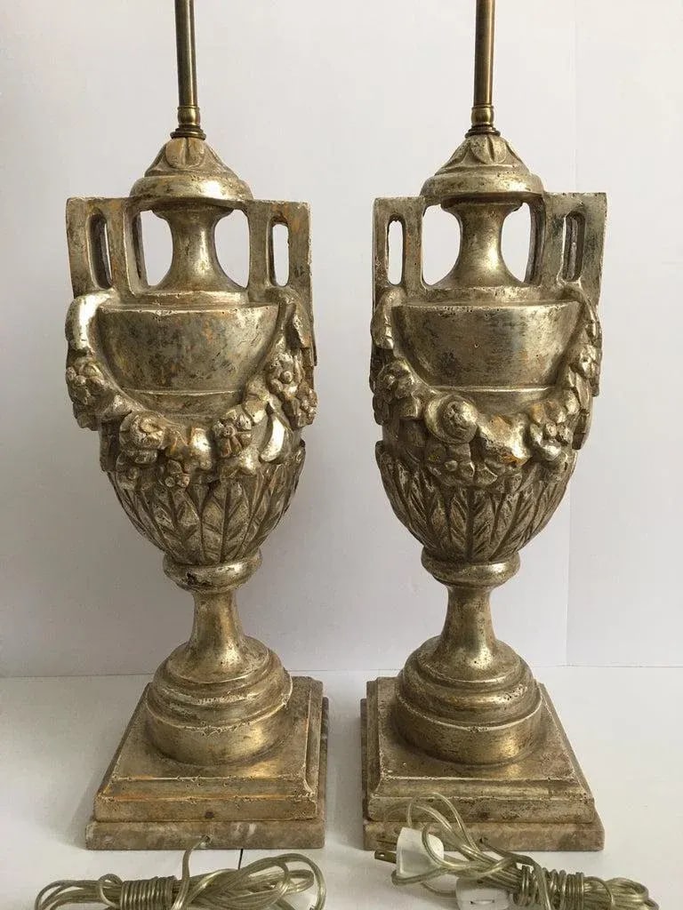 French Neoclassical Style Carved Silver Giltwood & Marble Draped Urn Lamps- A Pair - 3