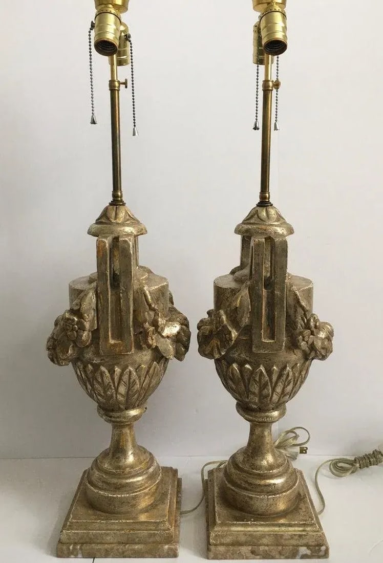 French Neoclassical Style Carved Silver Giltwood & Marble Draped Urn Lamps- A Pair - 4