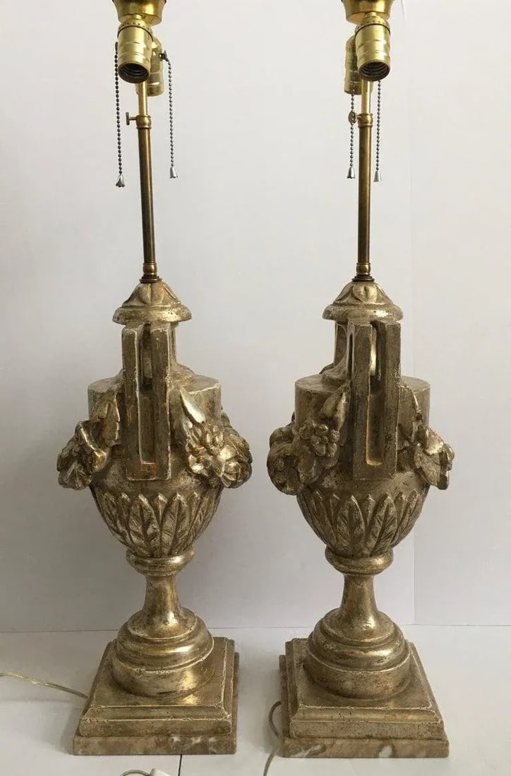 French Neoclassical Style Carved Silver Giltwood & Marble Draped Urn Lamps- A Pair - 5