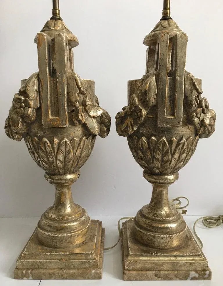 French Neoclassical Style Carved Silver Giltwood & Marble Draped Urn Lamps- A Pair - 6