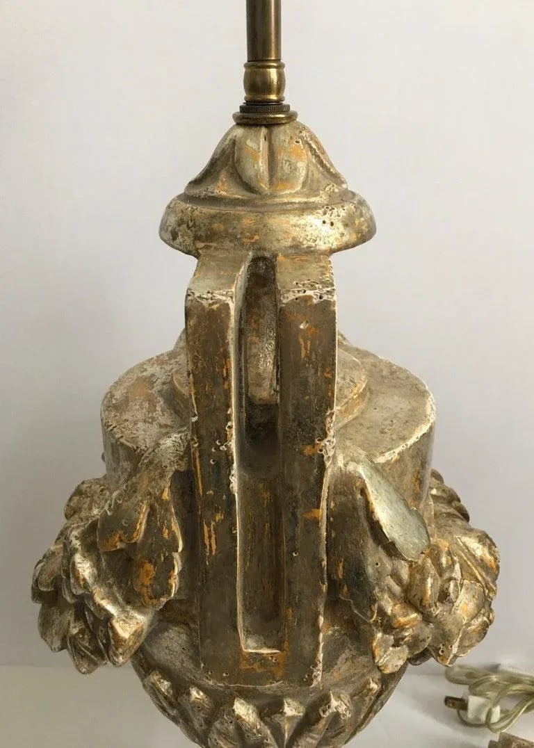 French Neoclassical Style Carved Silver Giltwood & Marble Draped Urn Lamps- A Pair - 8