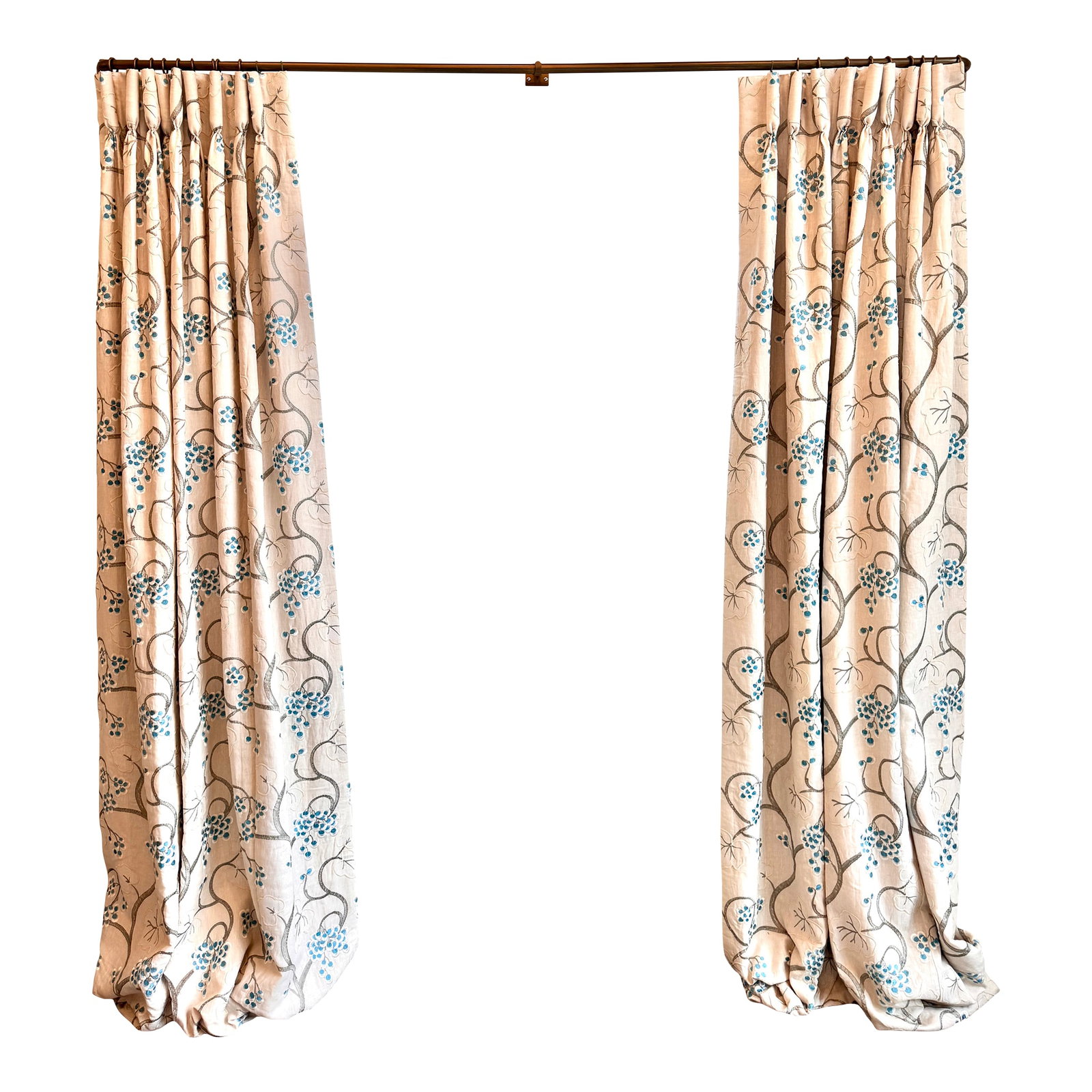 Osborne & Little "Shiraz" Stationary Curtain Panels - 2 Panels: These are custom designed stationary curtain panels with one and a half widths of fabric per panel and were made for a room with 12' ceilings. They measure 72" wide by 10'5" in length , 9 pleats per