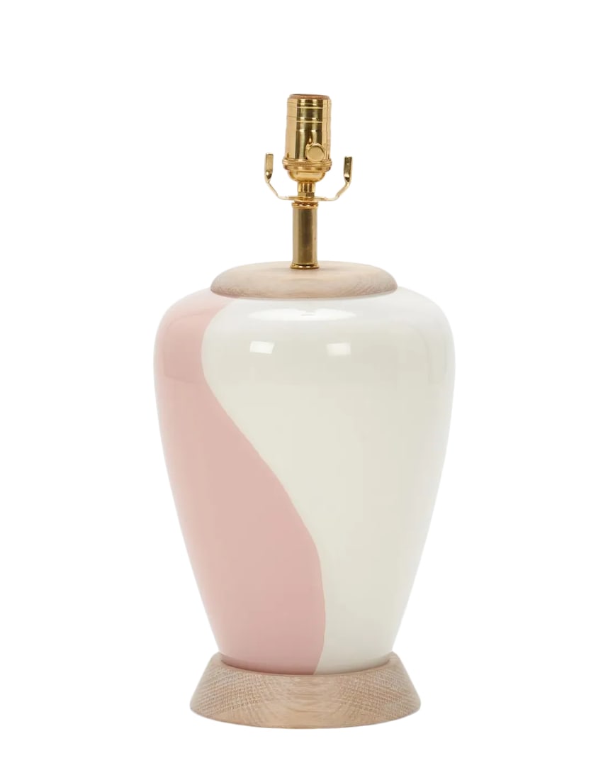 Swoosh Table Lamp by Liz Marsh: This listing is for a single eglomise lamp with a handpainted swirl design in a blush nude (salmon ) and soft white palette with a limed oak base and cap. Chic squatty deco shaped blown glass with