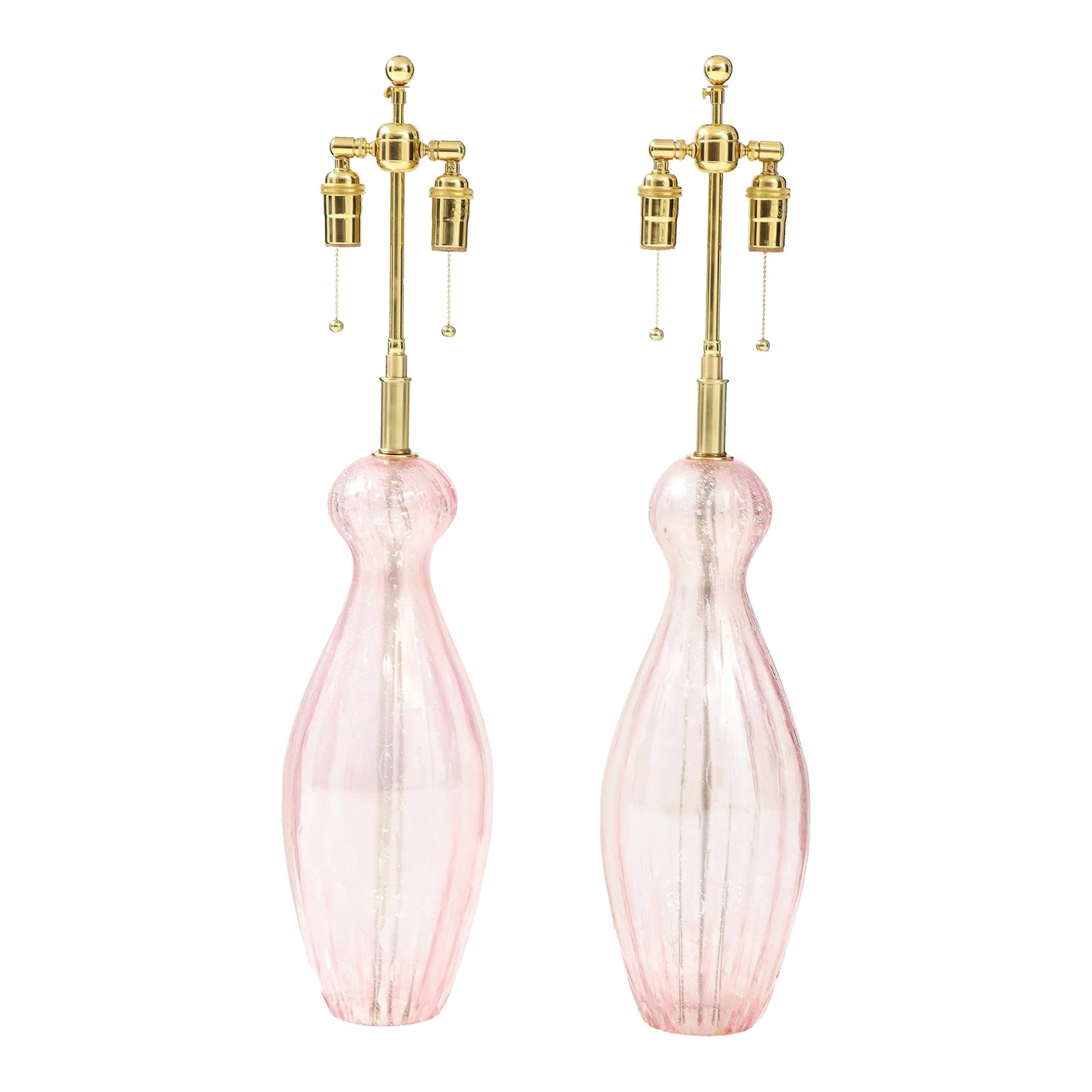 1960's Large Murano Glass Lamps - a Pair: Pair of Large Pink Murano glass lamps with controlled bubbles. The lamps are mounted on thick lucite bases and have been Newly rewired with adjustable polished brass double clusters that take