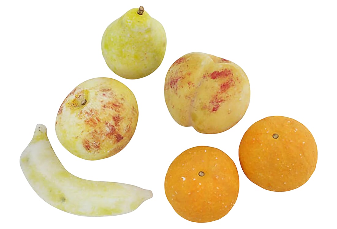 Vintage Italian Alabaster Fruit - a Set of 6: Set of six hand-carved Italian alabaster fruits. No maker's marks. Dimensions: smallest piece, 2.5"Dia x 2"H; largest, 5"L x 2"W x 1.5"H. Condition: Alterations: Original Condition Unaltered