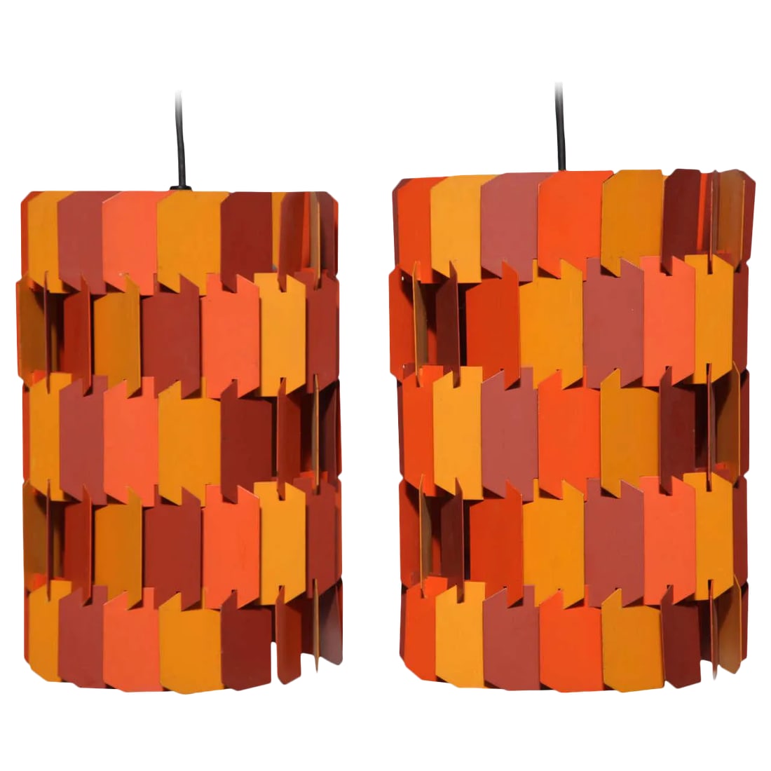 Louis Weisdorf for Lyfa Orange & Rose Facet Pop Hanging Pendants, 1970s - a Pair: Pair of Vintage Danish Modern Louis Weisdorf for Lyfa Ballerup Multi Colored Hanging Lamps. Featuring faceted cylindrical form with castellated Orange, Muted Rose and Pale Mustard enameled Aluminum