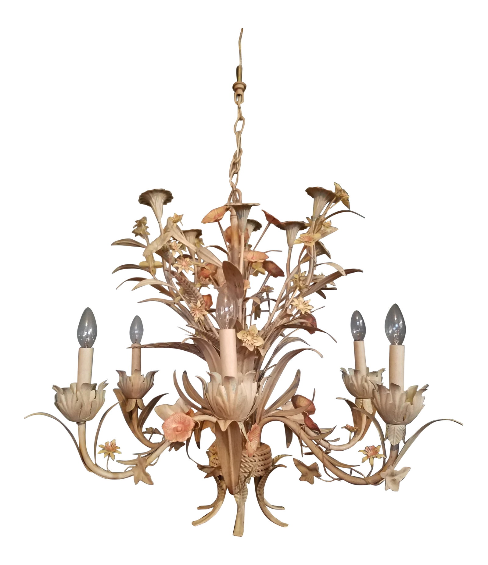 Large Early 21st Century Floral Tole Chandelier: Very full tole Chandelier with four different types of flowers represented. Muted colors of blue, peachy-pink, and yellow play off of a neutral light cream. All six arms swivel. There is no mark or
