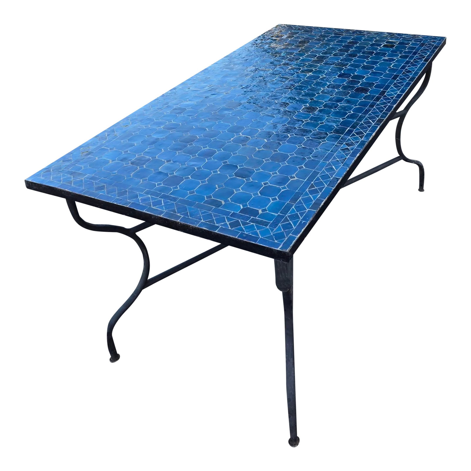 60" Handmade Rectangular Moroccan Mosaic Table in Petrol Blue: A new arrival. 100 % glazed rectangular. Petrol blue Moroccan mosaic dining table measuring approximately 32" in width and 60" in length. Height is 29". For both indoors and outdoors. Great also as a