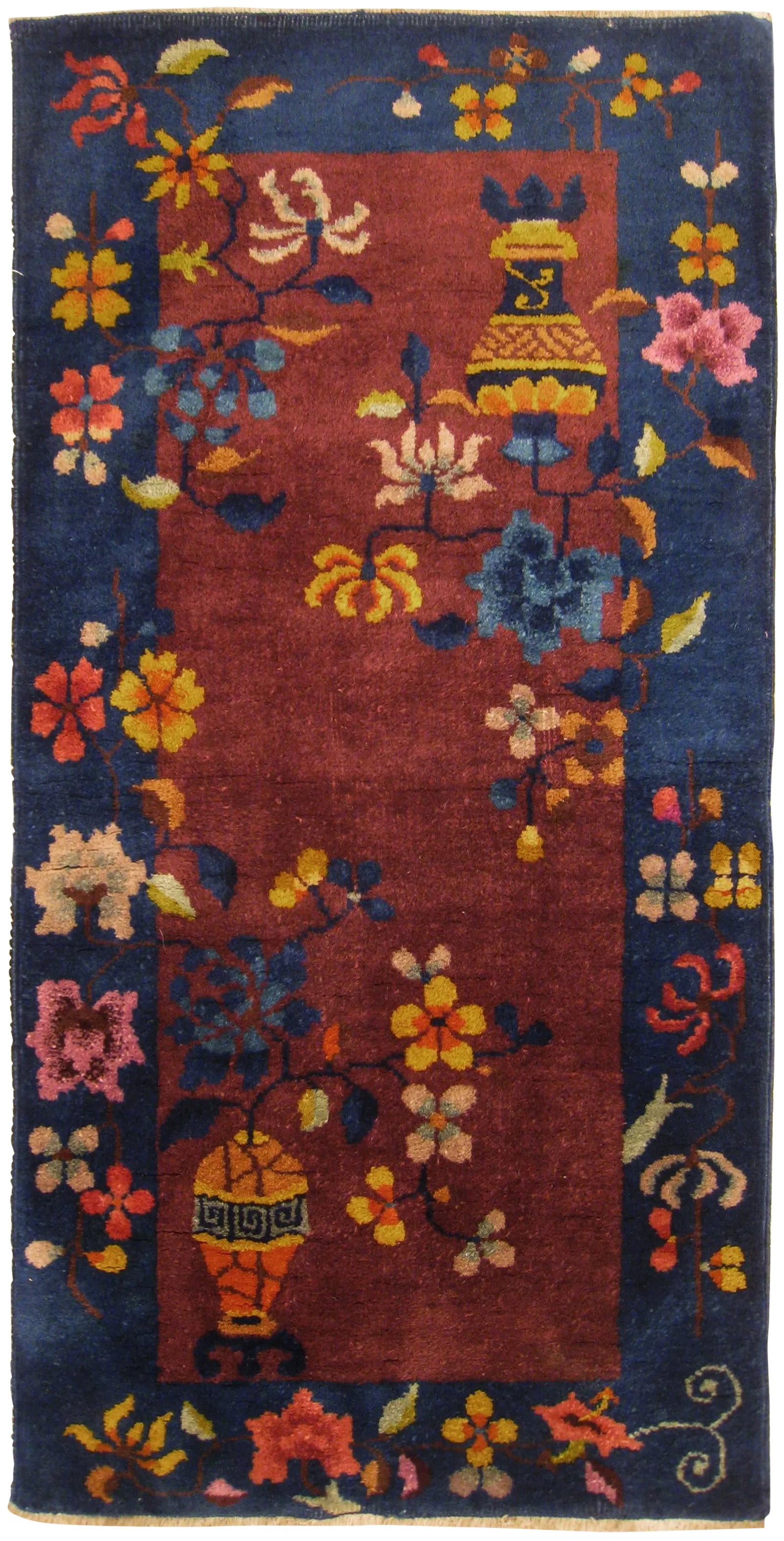 1920s Antique Chinese Art Deco Oriental Rug-2'0"x4'0": An antique Chinese Art Deco oriental rug, size 4'0" x 2'0", circa 1920. This lovely hand-knotted antique carpet features various traditional Chinese motifs in the central field, including uniquely ren