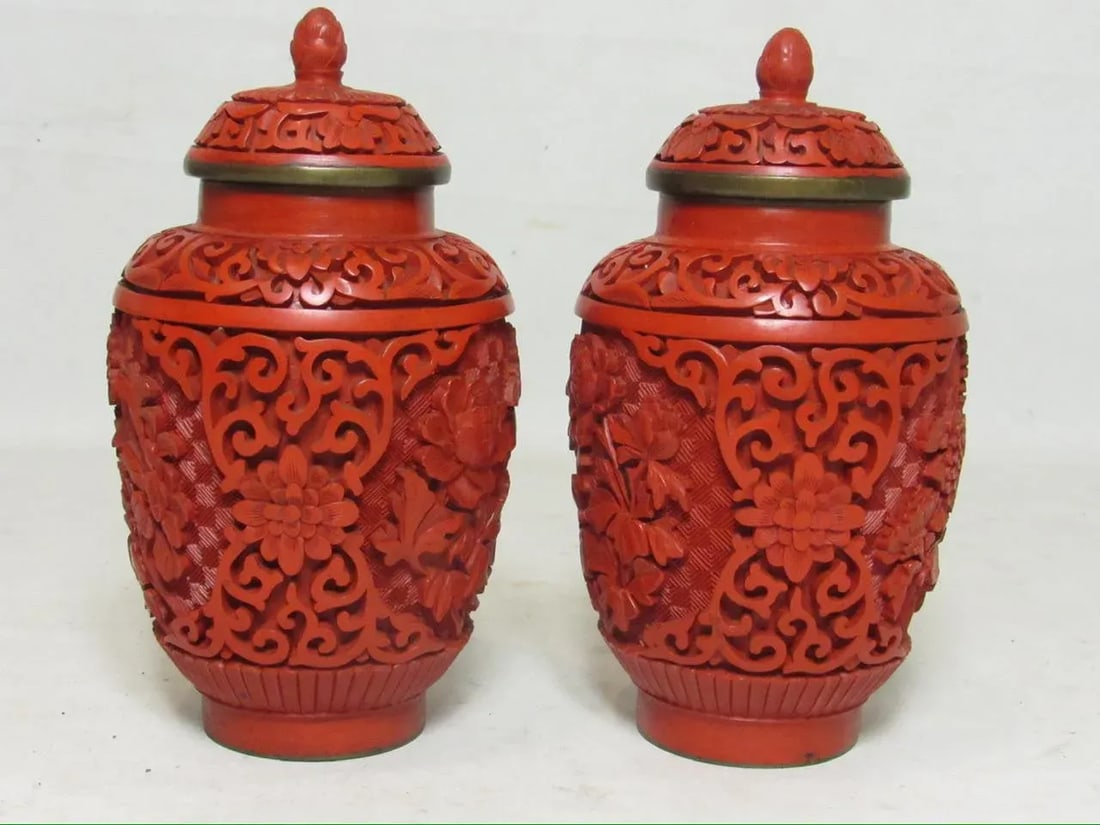 Pair of Chinese Cinnabar Lidded Vases - 11