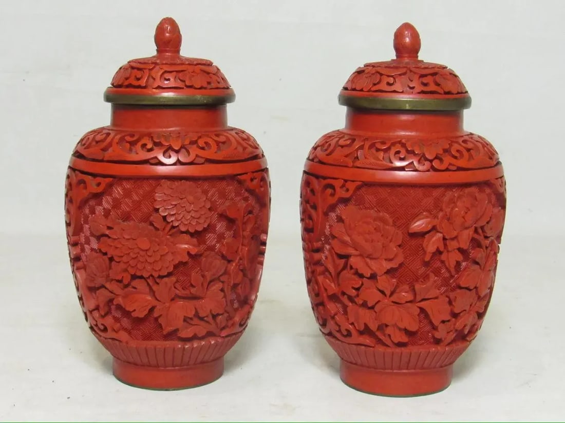 Pair of Chinese Cinnabar Lidded Vases - 12