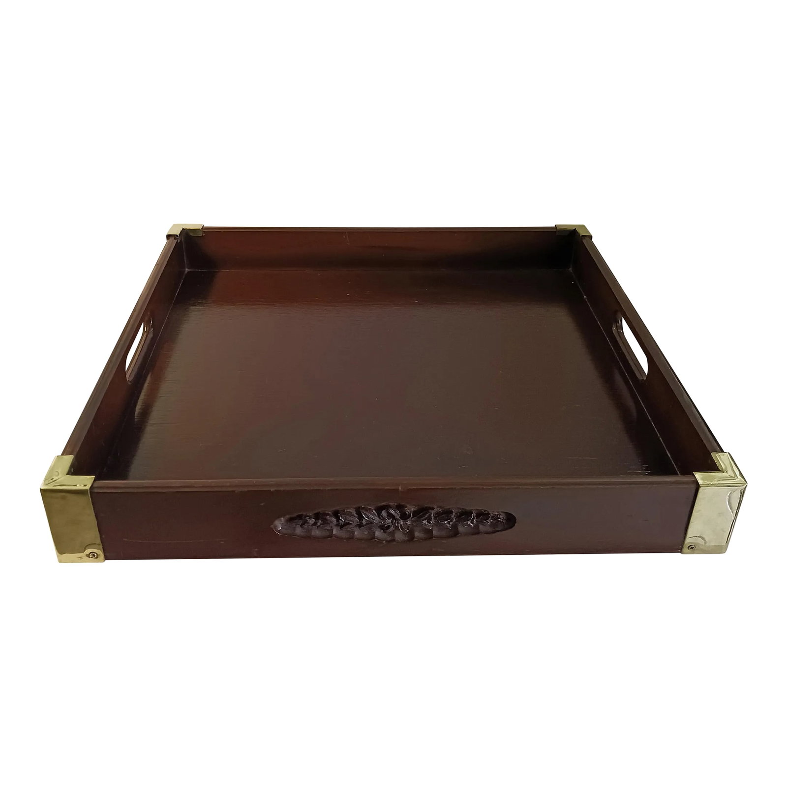 Mid 20th Century English Campaign-Style Mahogany Butler / Serving Tray With Brass Corners: Mid 20th Century English campaign style mahogany Butler's serving tray with brass corners. Lovely floral & bow relief carving on two sides with carved handles on the other two sides. This very unique