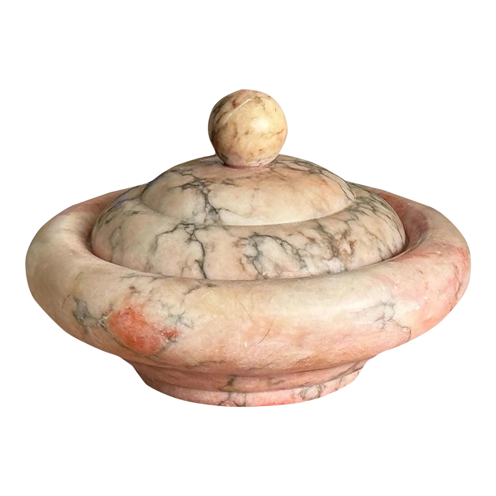 Italian Alabaster Round Box: A low round urn shape, pale pink alabaster box with gray veining. Very heavy and an attractive design. Signed on bottom. Italy, circa 1970s. Condition: Alterations: Original Condition Unaltered Imperf