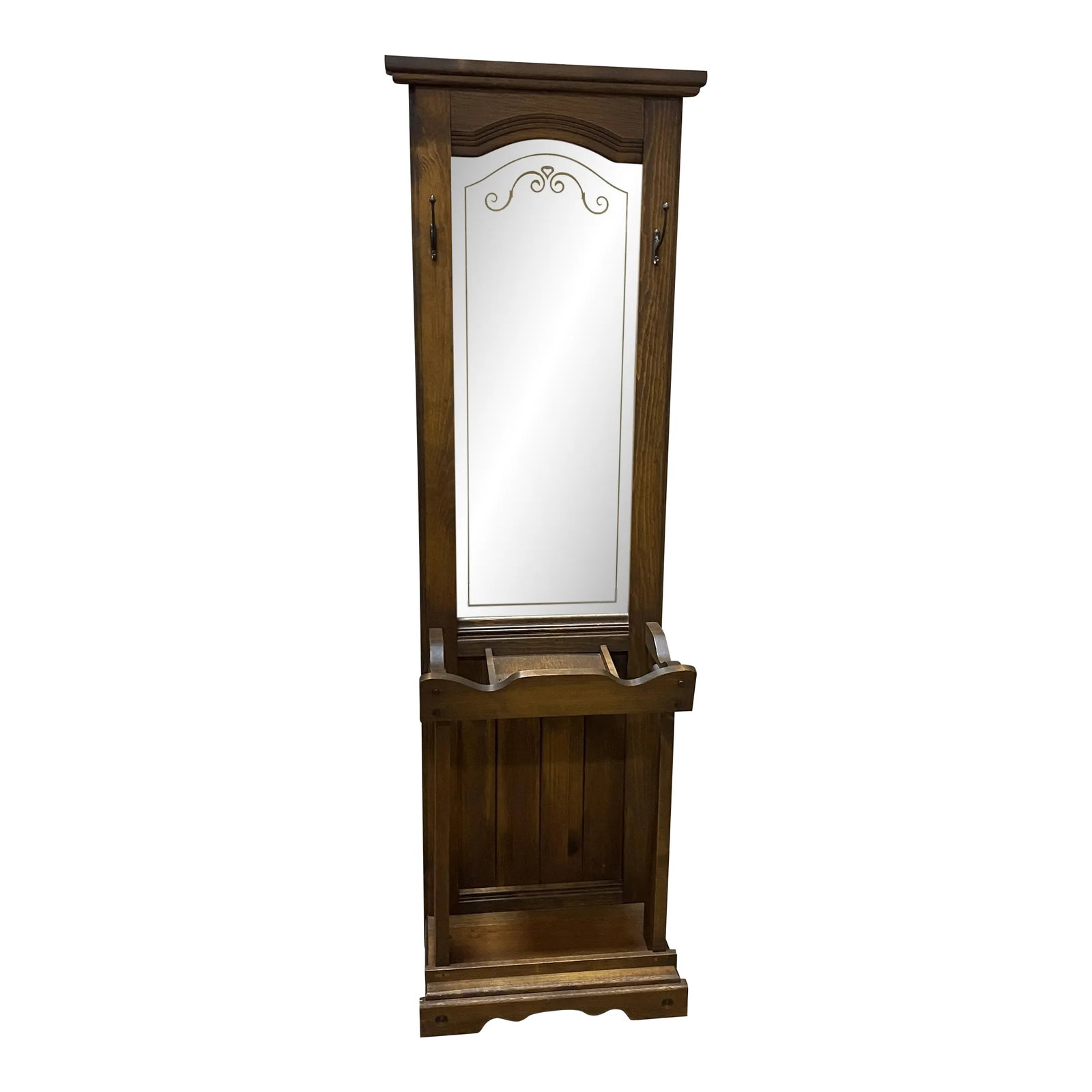 Vintage Wood Hall Tree With Shelf: Gorgeous vintage wood hall tree with 2 hooks, mirror, shelf and place for 2 pairs of shoes. Mirror has printed detailing around the edge. This hall tree is narrow so it works perfectly for smaller